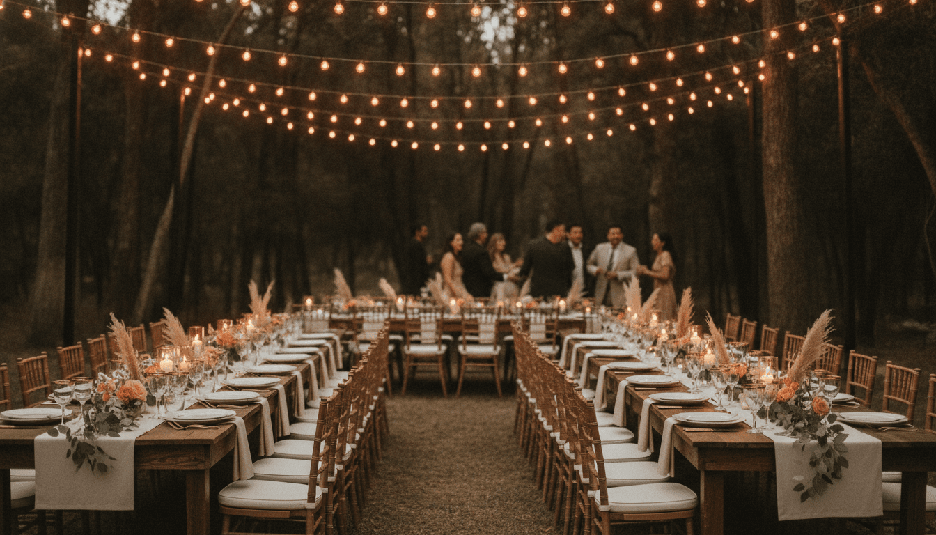 Cena de evento al aire libre con luces