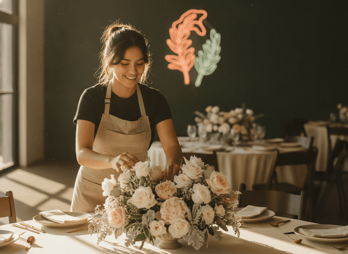 Florista armando un centro de mesa para un evento